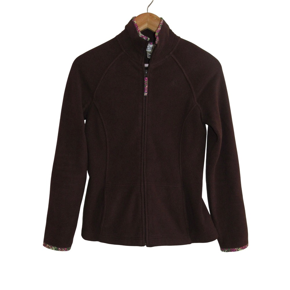 Lilly Pulitzer Brown Fleece Zip Jacket Womens XS Floral Trim Mock Neck Palm Logo
